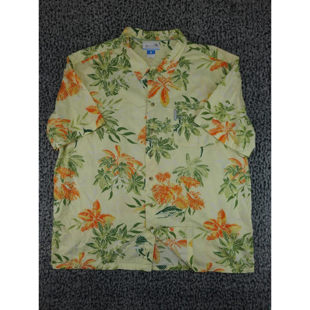Columbia PFG Mens XXL Yellow Tropical Floral Short Sleeve Button Down Shirt